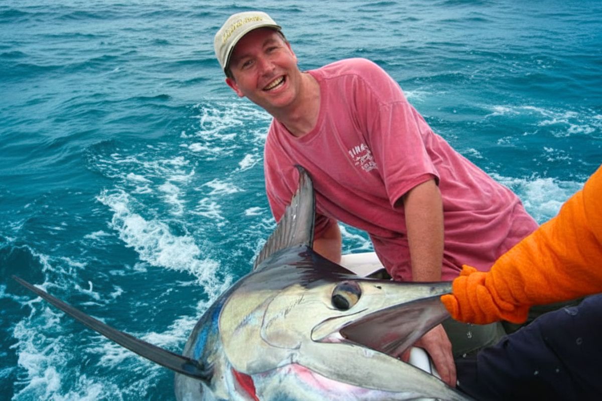 holding a marlin by the side of the fishing boat in costa rica