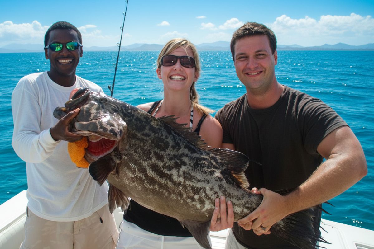 three happy fisherman holding a large grouper
